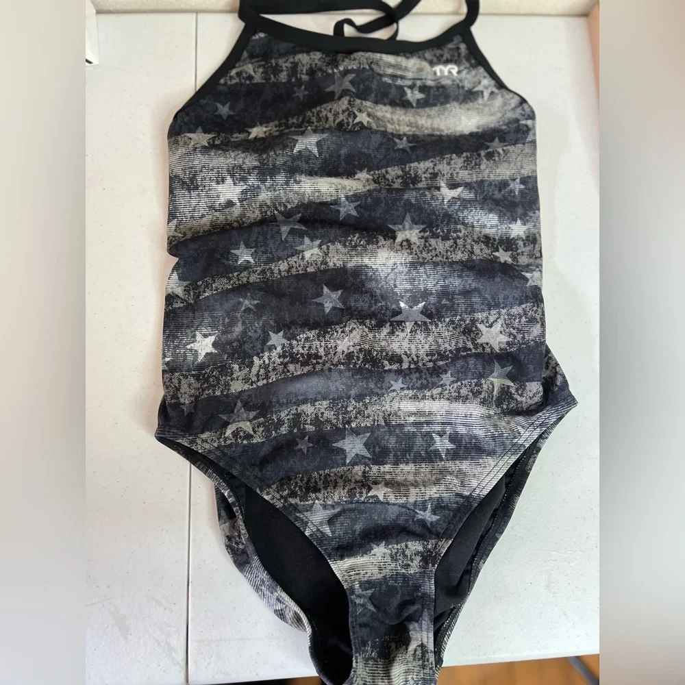 TYR American Dream Diamond Fit One Piece Swimsuit Size 38 open back Blue Gray - Picture 5 of 11